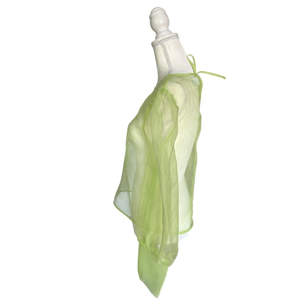 Grey Lab Sheer Neon Green Long Sleeve Keyhole Back Tie Closure Blouse Size Large - Picture 5 of 10